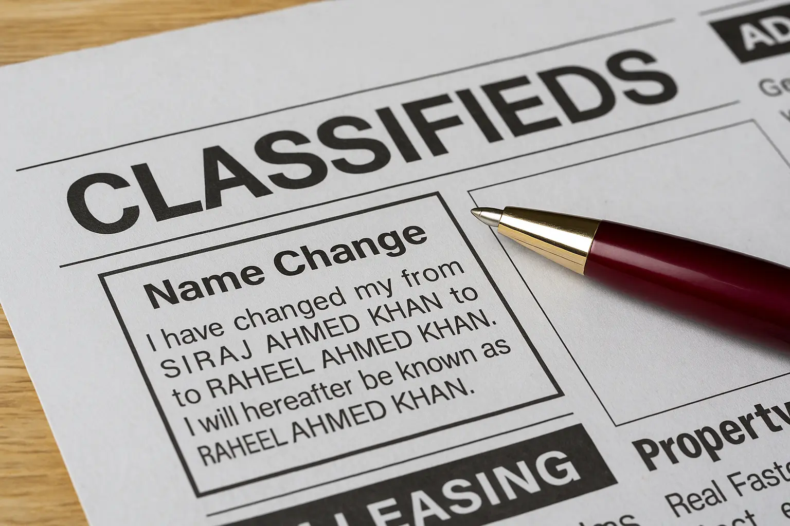 Newspaper Ad for Name Change Name Change ad in Newspaper for Passport