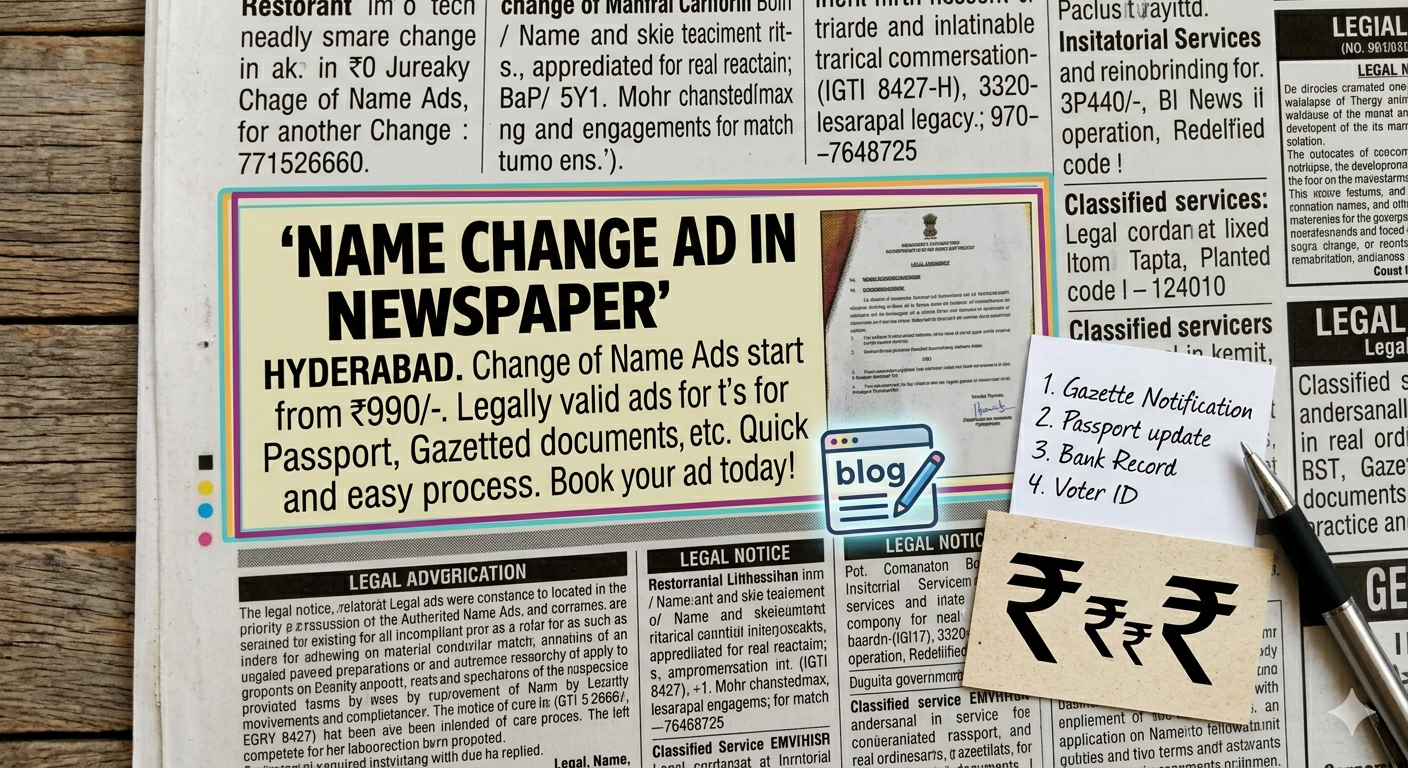Name Change Ad in Newspaper Hyderabad | Change of Name Ads @ ₹990/-