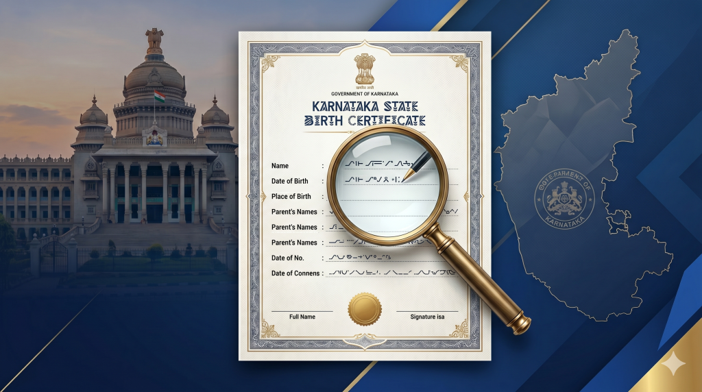 How to Change Name in Birth Certificate in Karnataka: A Step-by-Step Guide 2 Official Karnataka Birth Certificate with a magnifying glass highlighting the name section, featuring the Vidhana Soudha and Karnataka state map in the background.